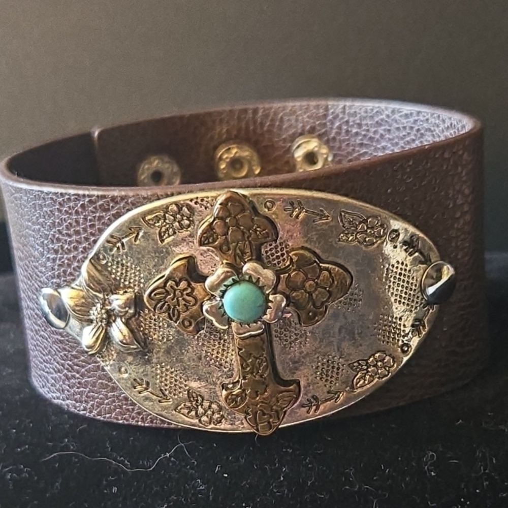 Brown Leather Bracelet with Gold and Turquoise Accents